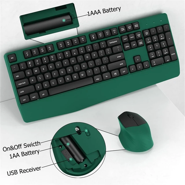Alt view image 6 of 6 - Ergonomic Wireless Keyboard and Mouse Combo with Wrist Rest (Black Green) | COVEVA Full Size Keyboard with 12 Dedicated Shortcuts, Smart Auto-Sleep, 2.4GHz Receiver, Natural Typing for PC Laptop