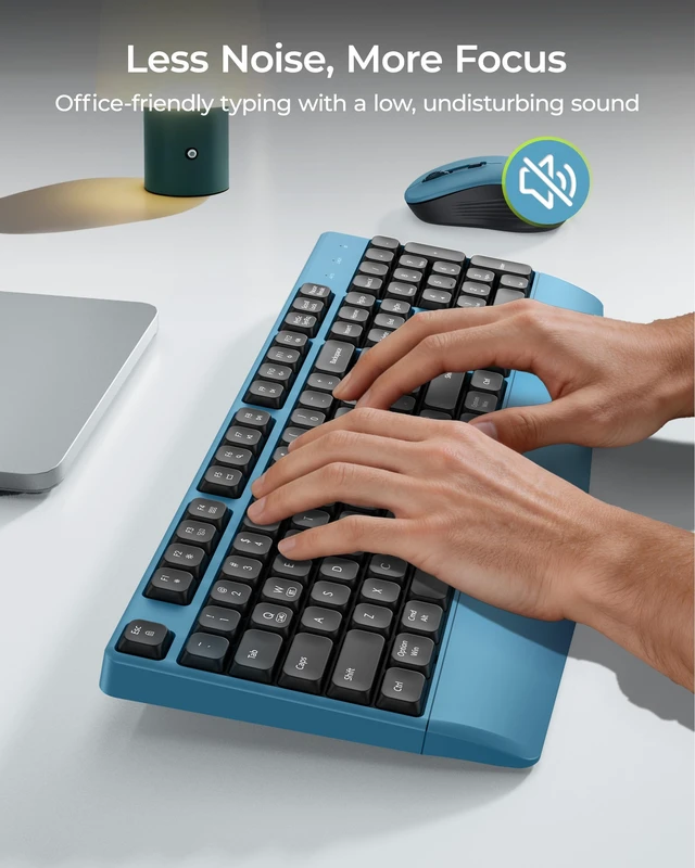 Alt view image 3 of 7 - seenda COE200 Wireless Bluetooth Keyboard and Mouse Combo with Wrist Rest | USB/Bluetooth multi-device switching, quiet clicks, full-size ergonomic set for PC, laptop, Mac, and MacBook, Black Blue