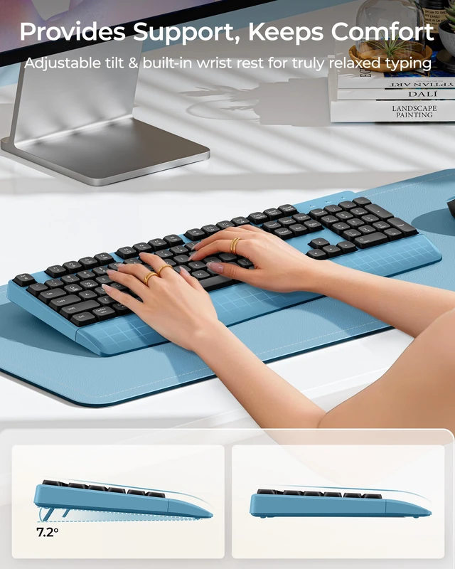 Alt view image 4 of 7 - seenda COE200 Wireless Bluetooth Keyboard and Mouse Combo with Wrist Rest | USB/Bluetooth multi-device switching, quiet clicks, full-size ergonomic set for PC, laptop, Mac, and MacBook, Black Blue