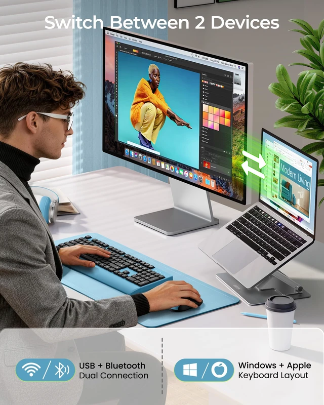 Alt view image 2 of 7 - seenda COE200 Wireless Bluetooth Keyboard and Mouse Combo with Wrist Rest | USB/Bluetooth multi-device switching, quiet clicks, full-size ergonomic set for PC, laptop, Mac, and MacBook, Black Blue