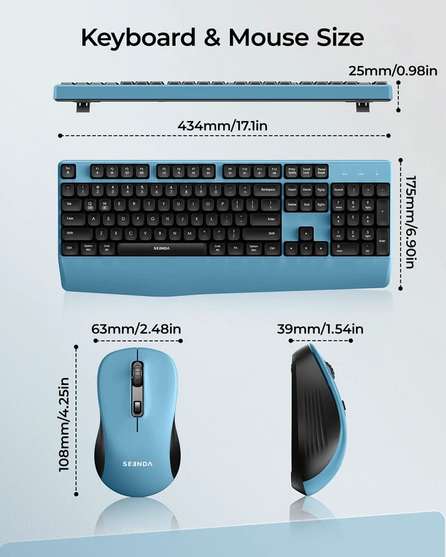 Alt view image 6 of 7 - seenda COE200 Wireless Bluetooth Keyboard and Mouse Combo with Wrist Rest | USB/Bluetooth multi-device switching, quiet clicks, full-size ergonomic set for PC, laptop, Mac, and MacBook, Black Blue