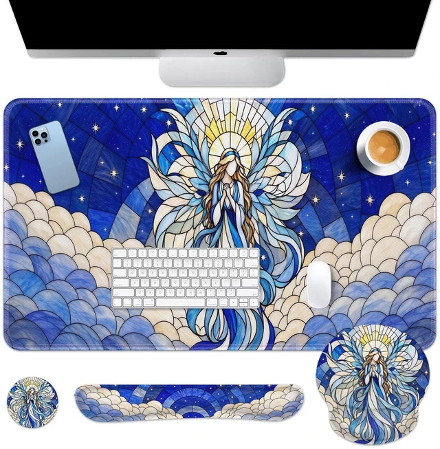 Main image of Britimes Keyboard Mouse Pad Set, 4 in 1 Desk Mat Set, Blue Angel | Large Mousepad+Keyboard Wrist Rest+Mouse Wrist Rest+Coaster Ergonomic Design for Home Office Computer