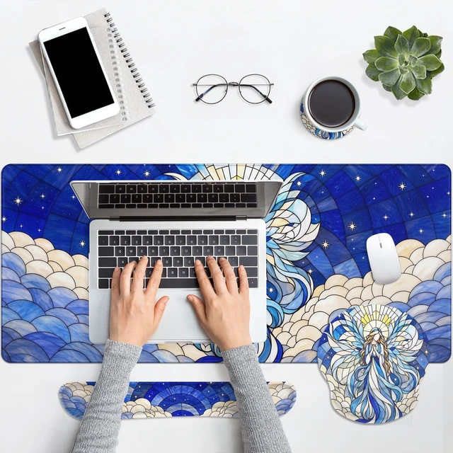Alt view image 7 of 7 - Britimes Keyboard Mouse Pad Set, 4 in 1 Desk Mat Set, Blue Angel | Large Mousepad+Keyboard Wrist Rest+Mouse Wrist Rest+Coaster Ergonomic Design for Home Office Computer