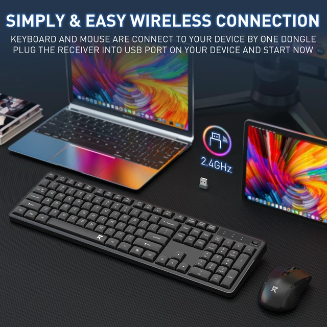 Alt view image 4 of 7 - Redragon BS7634 Wireless Keyboard and Mouse Combo, 104 Keys 2.4Ghz Wireless Low-Profile Membrane Keyboard w/Low Profile Design, Ergnomic Comfort Grip, 4000 DPI Max Mouse