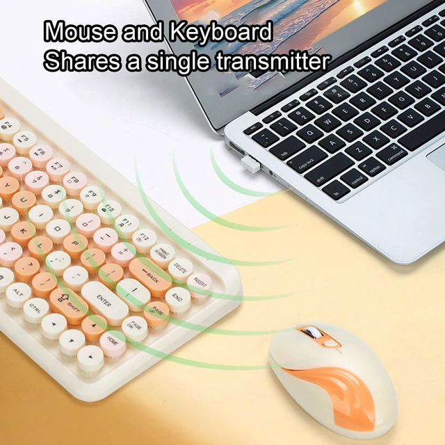 Alt view image 3 of 7 - Wisoqu Wireless Keyboard and Mouse Combo, Retro Round Keycaps, 2.4GHz Cordless Compact Keyboard, Adjustable 1600 DPI Mouse, for Computer, Desktop, Laptop (Orange)