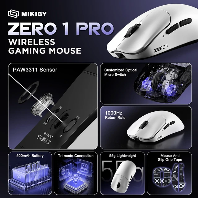 Alt view image 2 of 7 - MIKIBY Zero1 Pro Wireless Gaming Mouse,24K DPI White Mouse | 55G Lightweight, Tri-Mode 2.4G/Bluetooth5.3/USB-C, 6 Programmable Buttons, 500mAh Battery,Ergonomic Design,for Laptop/PC/Mac