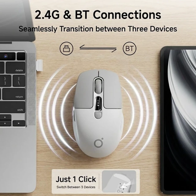 Alt view image 3 of 7 - Dual-Mode Wireless Bluetooth Mouse with LED Display for Laptop - Grey | Bluetooth 5.0, 2.4GHz, 400mAh Type-C Rechargeable, Silent Click, 1600 DPI, Portable, for Mac iPad Windows Office(EWEADN)