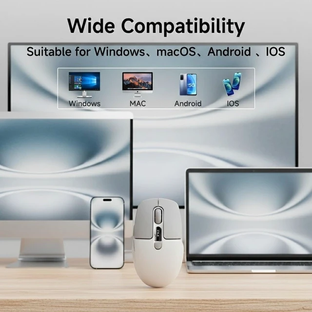 Alt view image 7 of 7 - Dual-Mode Wireless Bluetooth Mouse with LED Display for Laptop - Grey | Bluetooth 5.0, 2.4GHz, 400mAh Type-C Rechargeable, Silent Click, 1600 DPI, Portable, for Mac iPad Windows Office(EWEADN)