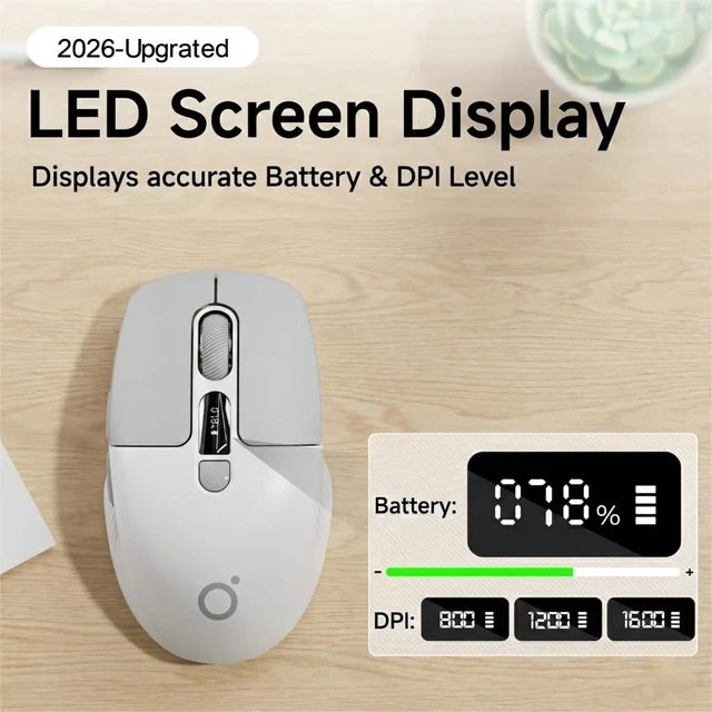 Alt view image 2 of 7 - Dual-Mode Wireless Bluetooth Mouse with LED Display for Laptop - Grey | Bluetooth 5.0, 2.4GHz, 400mAh Type-C Rechargeable, Silent Click, 1600 DPI, Portable, for Mac iPad Windows Office(EWEADN)