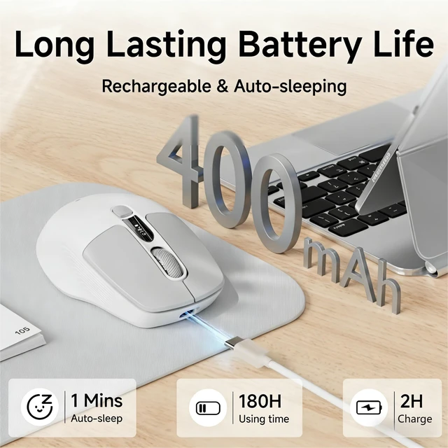 Alt view image 4 of 7 - Dual-Mode Wireless Bluetooth Mouse with LED Display for Laptop - Grey | Bluetooth 5.0, 2.4GHz, 400mAh Type-C Rechargeable, Silent Click, 1600 DPI, Portable, for Mac iPad Windows Office(EWEADN)