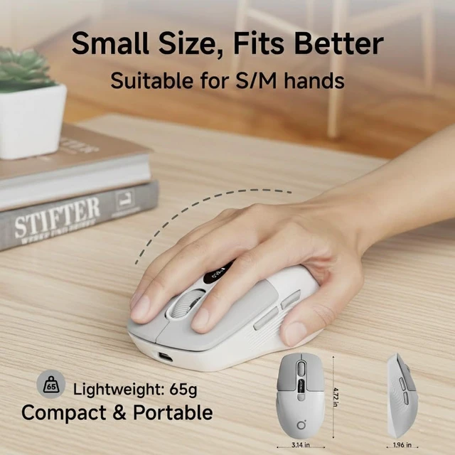 Alt view image 6 of 7 - Dual-Mode Wireless Bluetooth Mouse with LED Display for Laptop - Grey | Bluetooth 5.0, 2.4GHz, 400mAh Type-C Rechargeable, Silent Click, 1600 DPI, Portable, for Mac iPad Windows Office(EWEADN)