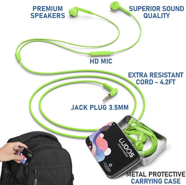 Alt view image 2 of 7 - LUDOS FEROX Wired Earbuds in-Ear Headphones, 5 Year Warranty, Earphones with Microphone, Noise Isolation Corded for 3.5mm Jack Ear Buds for iPhone, Samsung, Laptop, Kids, School Students - Green