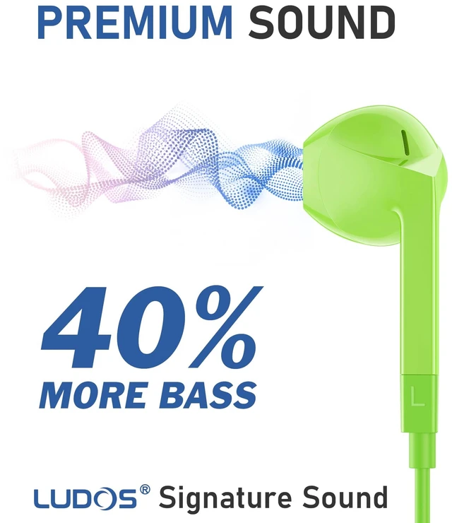 Alt view image 3 of 7 - LUDOS FEROX Wired Earbuds in-Ear Headphones, 5 Year Warranty, Earphones with Microphone, Noise Isolation Corded for 3.5mm Jack Ear Buds for iPhone, Samsung, Laptop, Kids, School Students - Green
