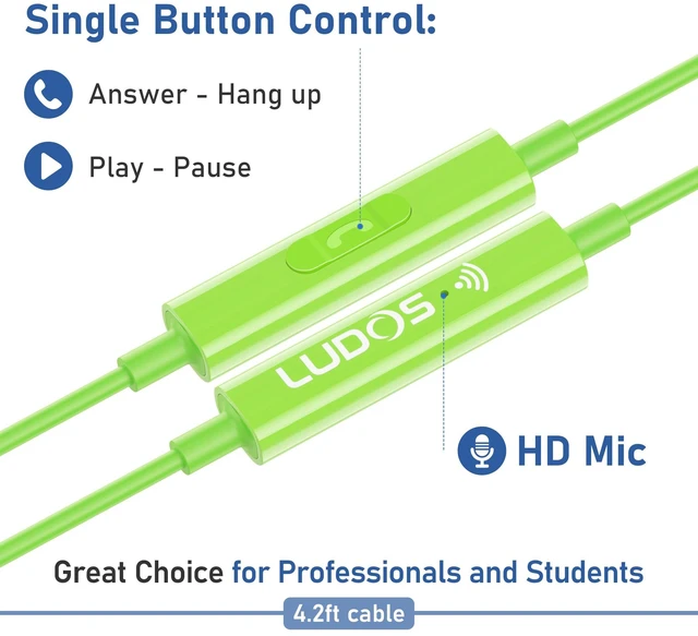 Alt view image 4 of 7 - LUDOS FEROX Wired Earbuds in-Ear Headphones, 5 Year Warranty, Earphones with Microphone, Noise Isolation Corded for 3.5mm Jack Ear Buds for iPhone, Samsung, Laptop, Kids, School Students - Green