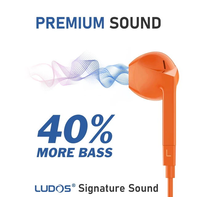 Alt view image 3 of 7 - LUDOS FEROX Wired Earbuds in-Ear Headphones, 5 Year Warranty, Earphones with Microphone, Noise Isolation Corded for 3.5mm Jack Ear Buds for iPhone, Samsung, Laptop, Kids, School Students - Orange