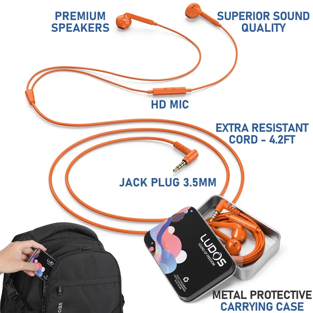 Alt view image 2 of 7 - LUDOS FEROX Wired Earbuds in-Ear Headphones, 5 Year Warranty, Earphones with Microphone, Noise Isolation Corded for 3.5mm Jack Ear Buds for iPhone, Samsung, Laptop, Kids, School Students - Orange