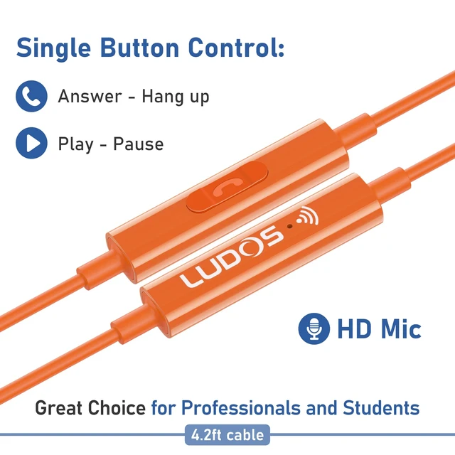 Alt view image 4 of 7 - LUDOS FEROX Wired Earbuds in-Ear Headphones, 5 Year Warranty, Earphones with Microphone, Noise Isolation Corded for 3.5mm Jack Ear Buds for iPhone, Samsung, Laptop, Kids, School Students - Orange