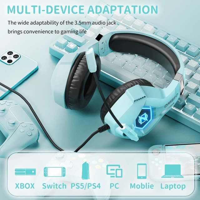 Alt view image 3 of 7 - Ozeino Gaming Headset, 3D Sound Effects, Noise Eduction Microphone, Gaming Headphone for Ps4, Ps5, Xbox One, PC, Switch(Light Blue)