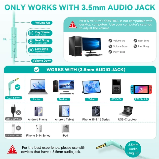 Alt view image 3 of 7 - Headphones with Mic, Over-Ear 3.5mm Corded Headphone for School Green | Plug in Headphones for Online Learning Classroom Travel, 90° Swivel Earcups, 4.9ft Tangle-Free Cord Volume Control for Tablet