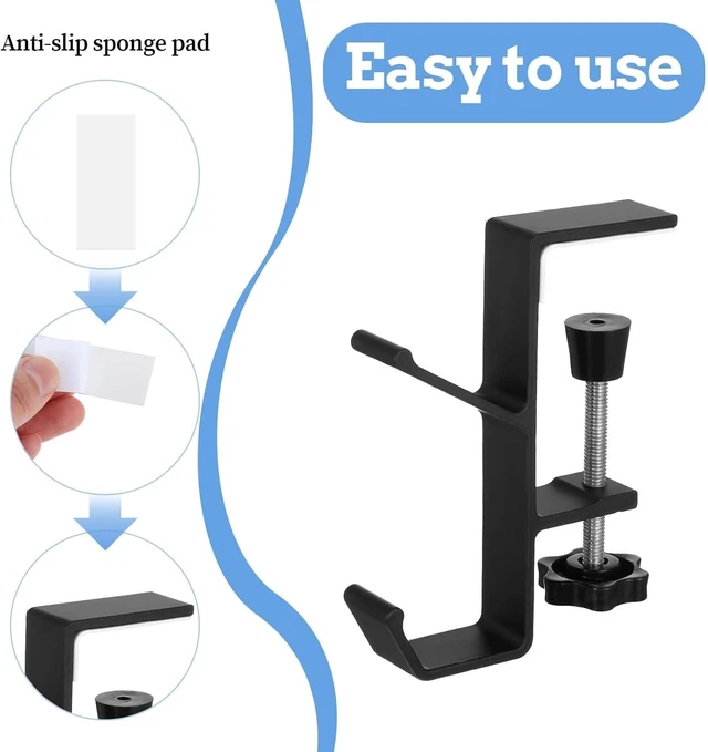 Alt view image 3 of 7 - 2Pcs Clamp-On Under Desk Headphone Holder Backpack Hook Students' Desk Hook with Adjustable Arm Clamp Women's Bag Handbag and Purse Holder - Suitable for Plate Between 1-5cm / 0.4-1.96 - Black