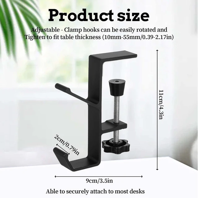 Alt view image 2 of 7 - 2Pcs Clamp-On Under Desk Headphone Holder Backpack Hook Students' Desk Hook with Adjustable Arm Clamp Women's Bag Handbag and Purse Holder - Suitable for Plate Between 1-5cm / 0.4-1.96 - Black