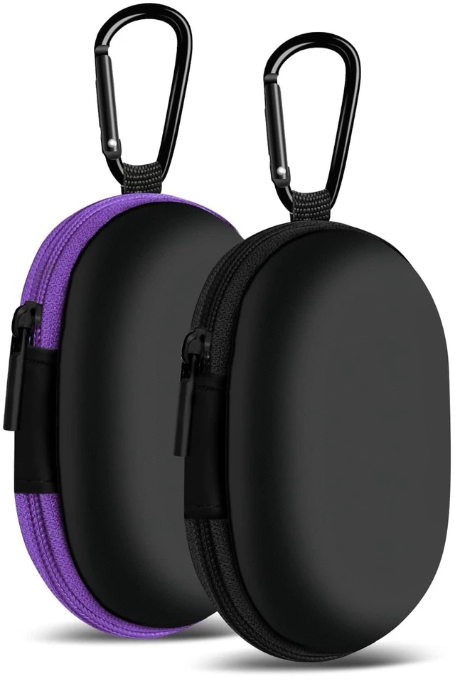 Main image of Woyinger 2Pack Oval Earbud Case Portable EVA Carrying Case Storage Bag Cell Phone Accessories Organizer with Carabiner for Earphone, Earbud, Earpieces, SD Memory Card, Camera Chips, Black/Purple