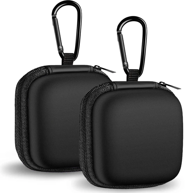 Main image of Woyinger Square + Round Earbud Case Portable EVA Carrying Case Storage Bag Cell Phone Accessories Organizer with Carabiner for Earphone, Earbud, Earpieces, SD Memory Card, Camera Chips, Black * 2
