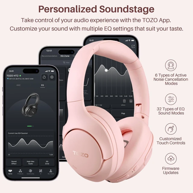 Alt view image 4 of 7 - Hybrid Active Noise Cancelling Headphones, Hi Res Audio Wireless Over Ear Bluetooth Headset, 60H Playtime, Custom EQ via App Deep Bass Comfort Fit Ear Cups, for Home Office Travel