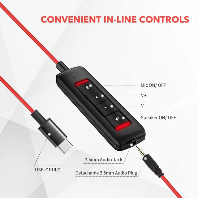 Alt view image 4 of 6 - NUBWO HW02 USB C/3.5mm Headset with Mic for Laptop, Phone,Headphones with Noise Cancelling Microphone for Computer, On-Ear Wired Office Call Center Headset for Boom SkypeWebinars, in-line Control