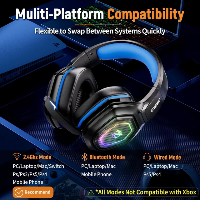 Alt view image 5 of 7 - Ozeino 2.4GHz Gaming Headset Wireless with Flip Mic for Ps5, Ps4, PC, Gaming Headphones with RGB Light, 40Hr Battery Bluetooth Headset for Laptop, Mobile, Mac