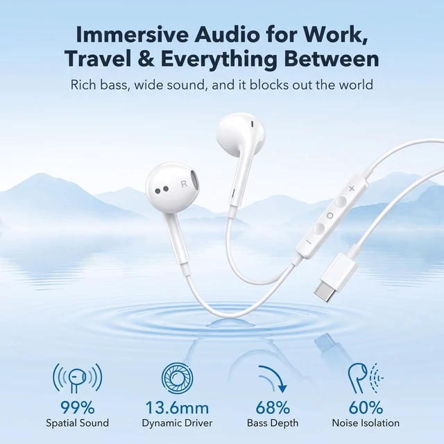 Alt view image 4 of 7 - Pcwfbzf 2 Packs USB C Headphones Earbuds Wired for iPhone17/16/15, iPad Pro | Built-in Mic, Noise Cancelling, Volume Control, Ultra Clear Call, Support for iPhone 17/16/15 Series, Android, Galaxy