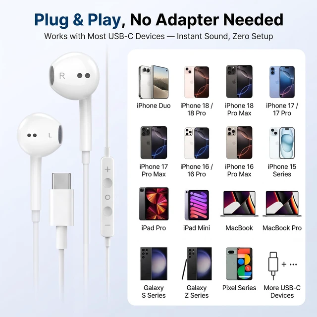 Alt view image 6 of 7 - Pcwfbzf 2 Packs USB C Headphones Earbuds Wired for iPhone17/16/15, iPad Pro | Built-in Mic, Noise Cancelling, Volume Control, Ultra Clear Call, Support for iPhone 17/16/15 Series, Android, Galaxy