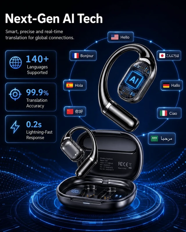 Alt view image 2 of 7 - AI Translation Earbuds Real Time, 141+ Languages Translator Headphone | 90H Playtime, Audio & Video Call Support, IPX6, 3-in-1 Audio Headsets Open-Ear Earphones for Travel Business Learning