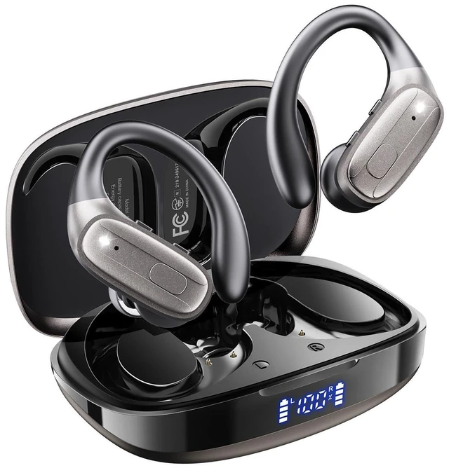 Main image of Wireless Earbuds with Ear Hooks, Running Headphones, Ear Buds for Sports | 80H Long Playtime, Noise Cancelling, Physical Button Control, LED Display, IPX7 Waterproof Workout Earphones, Darkgray