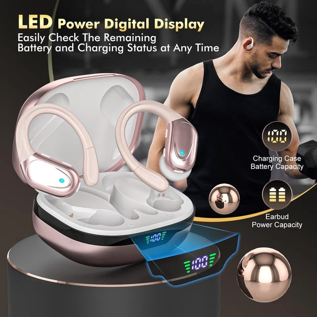 Alt view image 7 of 7 - HAOYUYAN Wireless Earbuds, Sports Bluetooth Headphones, 80Hrs Playtime Ear Buds with LED Power Display, Noise Canceling Headset, IPX7 Waterproof Earphones for Workout/RunningRose Gold