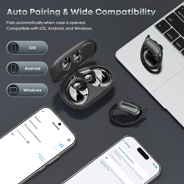 Alt view image 6 of 7 - Wireless Earbuds Bluetooth Headphones, 54H Playtime Stereo Over Ear Buds with ENC Noise Cancelling, LED Power Display, IPX7 Waterproof Sport Earphones with Earhooks for Running/Workouts (Black)