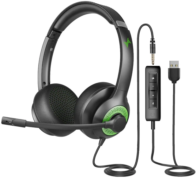 Main image of JIAMQISHI USB Headset with Mic for PC, On-Ear Computer Laptop Headphones with Noise Cancelling Microphone in-line Control for Home Office Online Class (USB+3.5mm, Green)