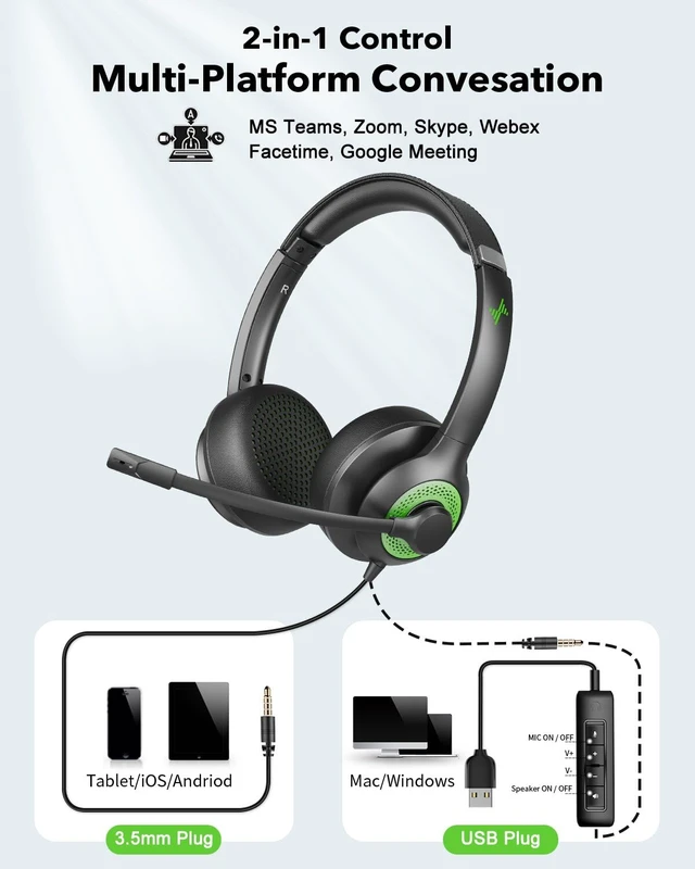 Alt view image 2 of 3 - JIAMQISHI USB Headset with Mic for PC, On-Ear Computer Laptop Headphones with Noise Cancelling Microphone in-line Control for Home Office Online Class (USB+3.5mm, Green)