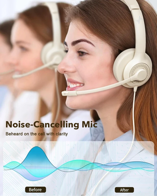 Alt view image 2 of 6 - JIAMQISHI USB Headset with Microphone for PC, On-Ear Computer Laptop Headphones with Noise Cancelling Mic in-line Control for Home Office Online Class Zoom (USB+3.5mm, Apricot)