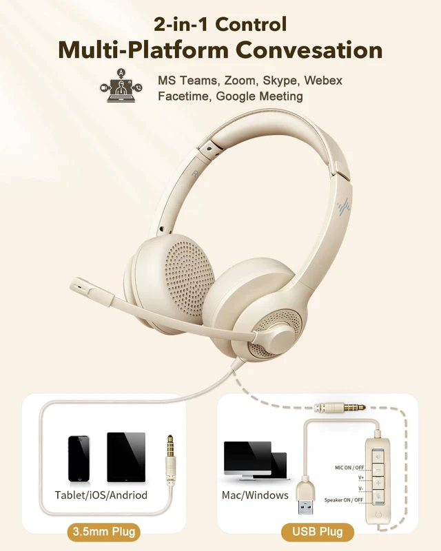 Alt view image 5 of 6 - JIAMQISHI USB Headset with Microphone for PC, On-Ear Computer Laptop Headphones with Noise Cancelling Mic in-line Control for Home Office Online Class Zoom (USB+3.5mm, Apricot)