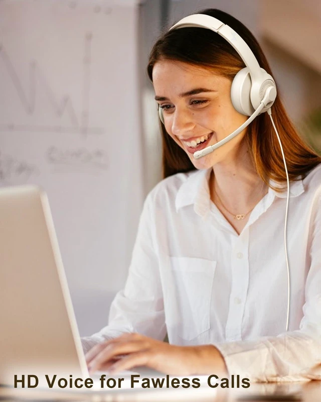 Alt view image 6 of 6 - JIAMQISHI USB Headset with Microphone for PC, On-Ear Computer Laptop Headphones with Noise Cancelling Mic in-line Control for Home Office Online Class Zoom (USB+3.5mm, Apricot)