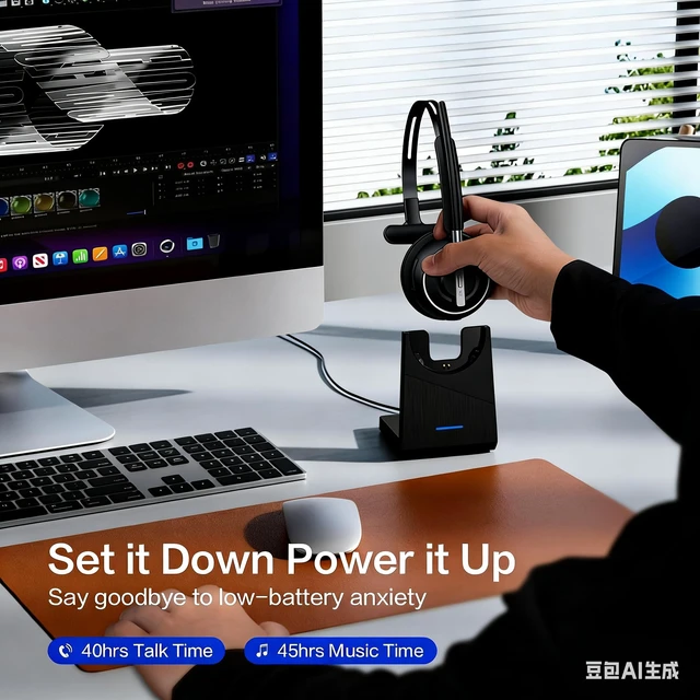 Alt view image 5 of 6 - PrancyBt Wireless Headset, Bluetooth Headset with AI Noise Cancelling Mic, Bluetooth V5.2 Headphones with USB Dongle, Charging Base & Mic Mute for PC/Cell Phones/Call Center