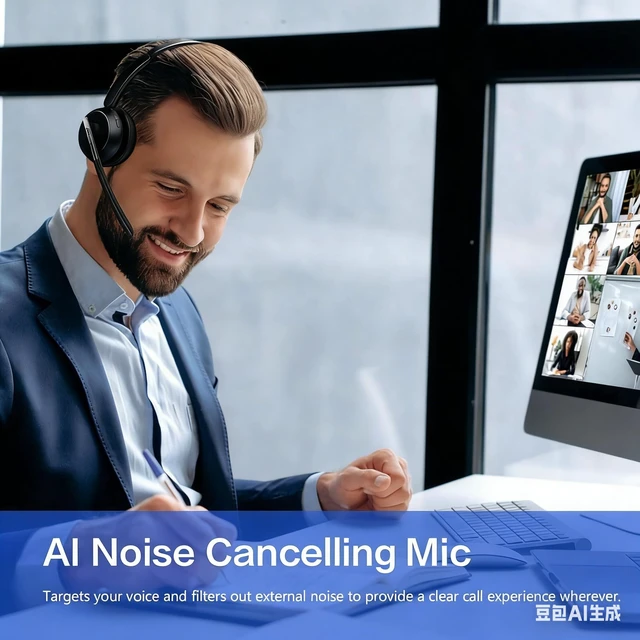 Alt view image 6 of 6 - PrancyBt Wireless Headset, Bluetooth Headset with AI Noise Cancelling Mic, Bluetooth V5.2 Headphones with USB Dongle, Charging Base & Mic Mute for PC/Cell Phones/Call Center