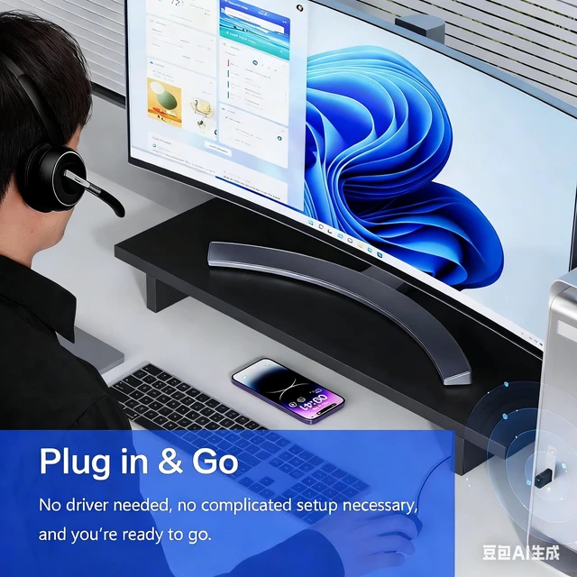 Alt view image 4 of 6 - PrancyBt Wireless Headset, Bluetooth Headset with AI Noise Cancelling Mic, Bluetooth V5.2 Headphones with USB Dongle, Charging Base & Mic Mute for PC/Cell Phones/Call Center