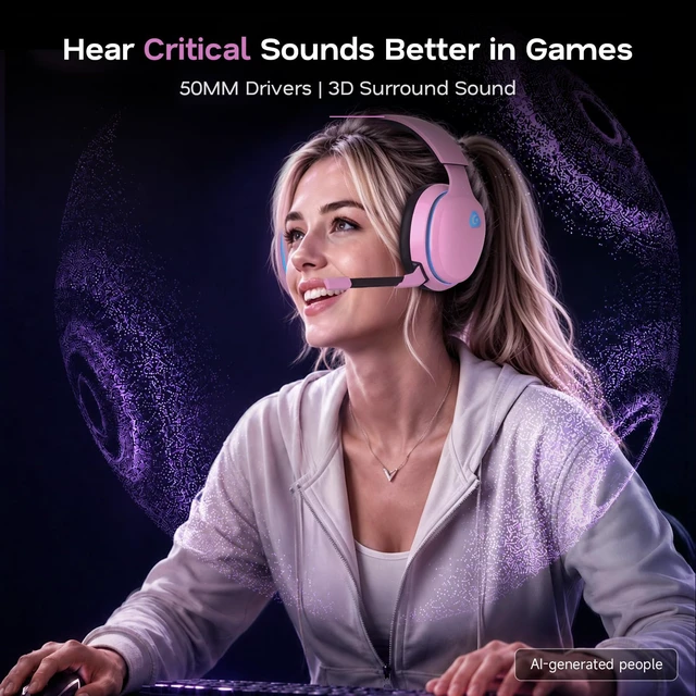 Alt view image 3 of 7 - AOC 2.4GHz Wireless Gaming Headset for PS5, PS4, Switch, 45Hr, Blush Pink | Bluetooth 6.0 Gaming Headphones with Noise Canceling Mic, 7.1 Virtual Surround, Great for Fortnite & Call of Duty/FPS Gamers