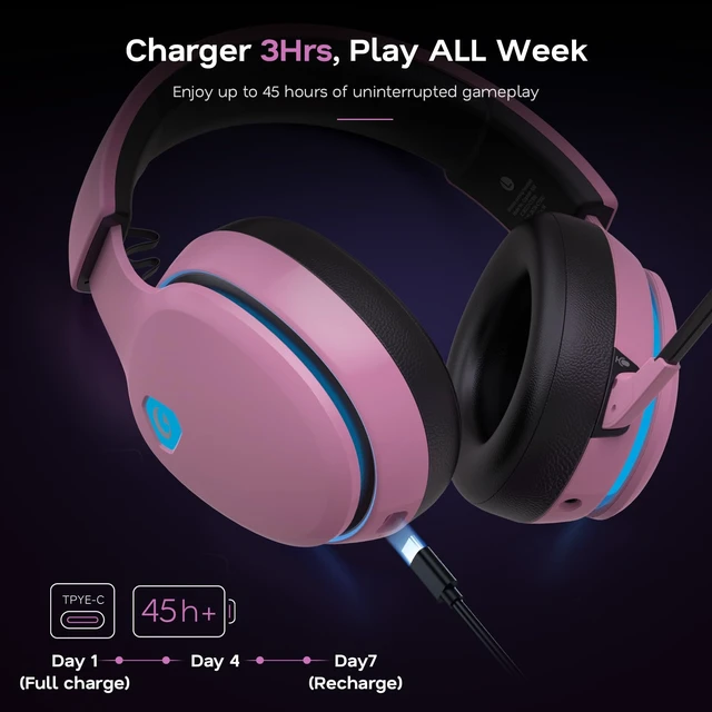 Alt view image 6 of 7 - AOC 2.4GHz Wireless Gaming Headset for PS5, PS4, Switch, 45Hr, Blush Pink | Bluetooth 6.0 Gaming Headphones with Noise Canceling Mic, 7.1 Virtual Surround, Great for Fortnite & Call of Duty/FPS Gamers