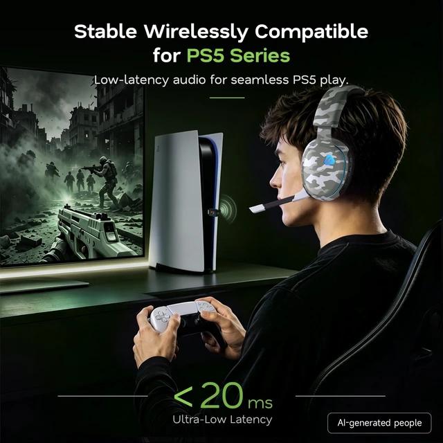 Alt view image 2 of 7 - AOC 2.4GHz Wireless Gaming Headset for PS5, PS4, PC, Switch, 45Hr, Camo | Bluetooth 6.0 Gaming Headphones with Noise Canceling Mic, 7.1 Virtual Surround, Great for Fortnite & Call of Duty/FPS Gamers