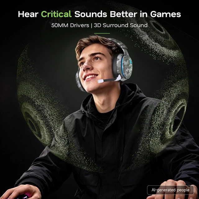 Alt view image 3 of 7 - AOC 2.4GHz Wireless Gaming Headset for PS5, PS4, PC, Switch, 45Hr, Camo | Bluetooth 6.0 Gaming Headphones with Noise Canceling Mic, 7.1 Virtual Surround, Great for Fortnite & Call of Duty/FPS Gamers