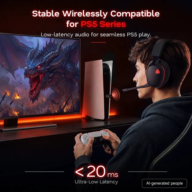 Alt view image 2 of 7 - AOC 2.4GHz Wireless Gaming Headset for PS5, PS4, PC, Switch, 45Hr, BlackRed | Bluetooth 6.0 Gaming Headphones with Noise Canceling Mic, 7.1 Virtual Surround, Great for Fortnite & Call of Duty