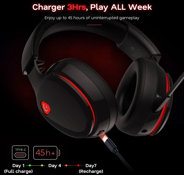 Alt view image 6 of 7 - AOC 2.4GHz Wireless Gaming Headset for PS5, PS4, PC, Switch, 45Hr, BlackRed | Bluetooth 6.0 Gaming Headphones with Noise Canceling Mic, 7.1 Virtual Surround, Great for Fortnite & Call of Duty